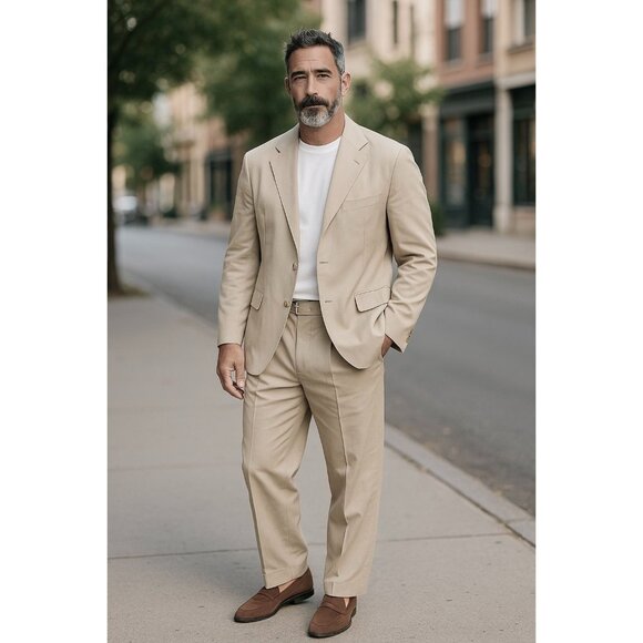 Jos A Bank Mens Beige Suit Jacket & Pants Set